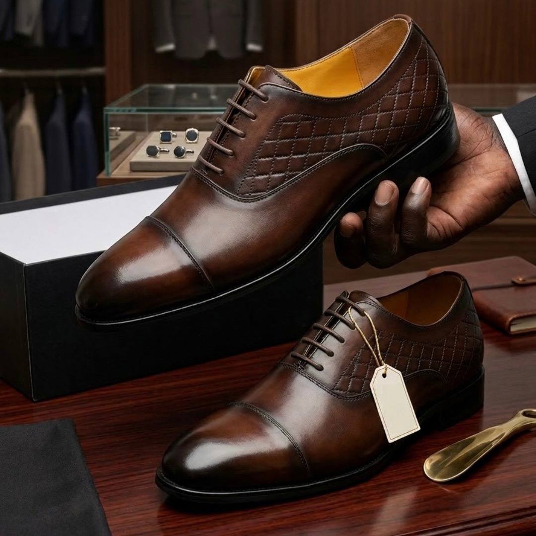 Men’s Burnished Mahogany Quilted Leather Oxford Shoes (CM-007)