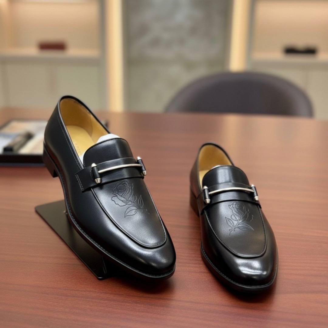 The Midnight Rose (Men’s Black Leather Penny Loafer Shoes DS-1)
