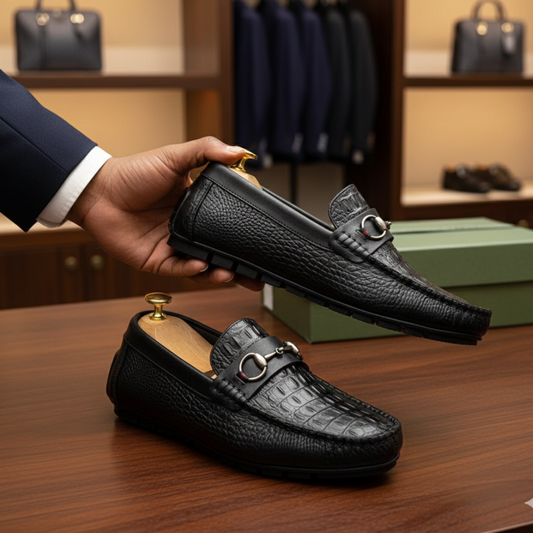 Men’s Black Pebble Grain & Exotic Alligator Loafers (RTM-1)