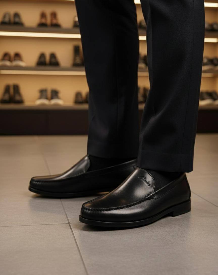 Clarks Men’s Black Leather Slip-On Loafers (Style AC-HUB1)