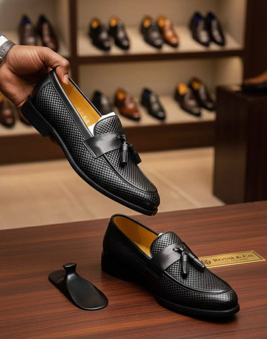 Men’s Black Tassel Loafer Shoes (Textured  E-V7)
