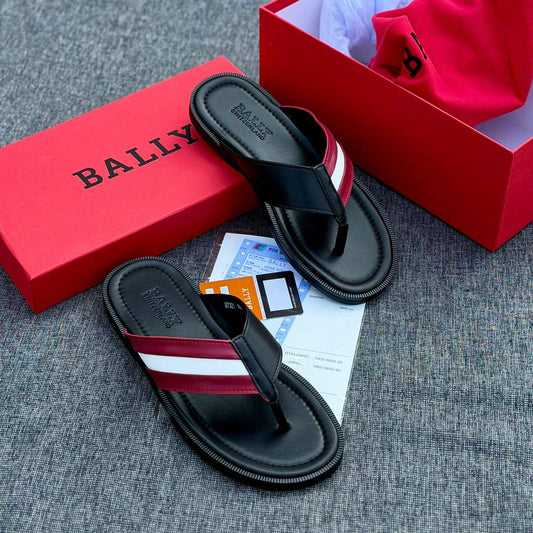Bally Men's Black Leather Thong Sandals - Signature Stripe