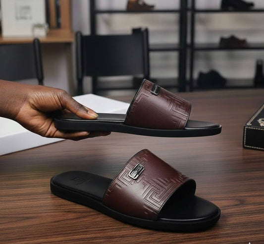 Men’s Dark Brown Leather Greek Key Luxury Slippers RTM-3