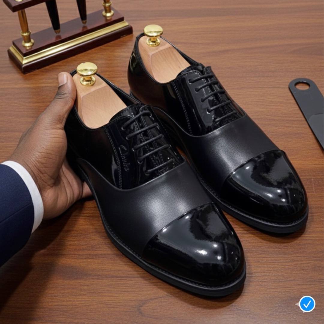 Men's Black Leather Cap Toe Oxford Shoes (RTM-1)