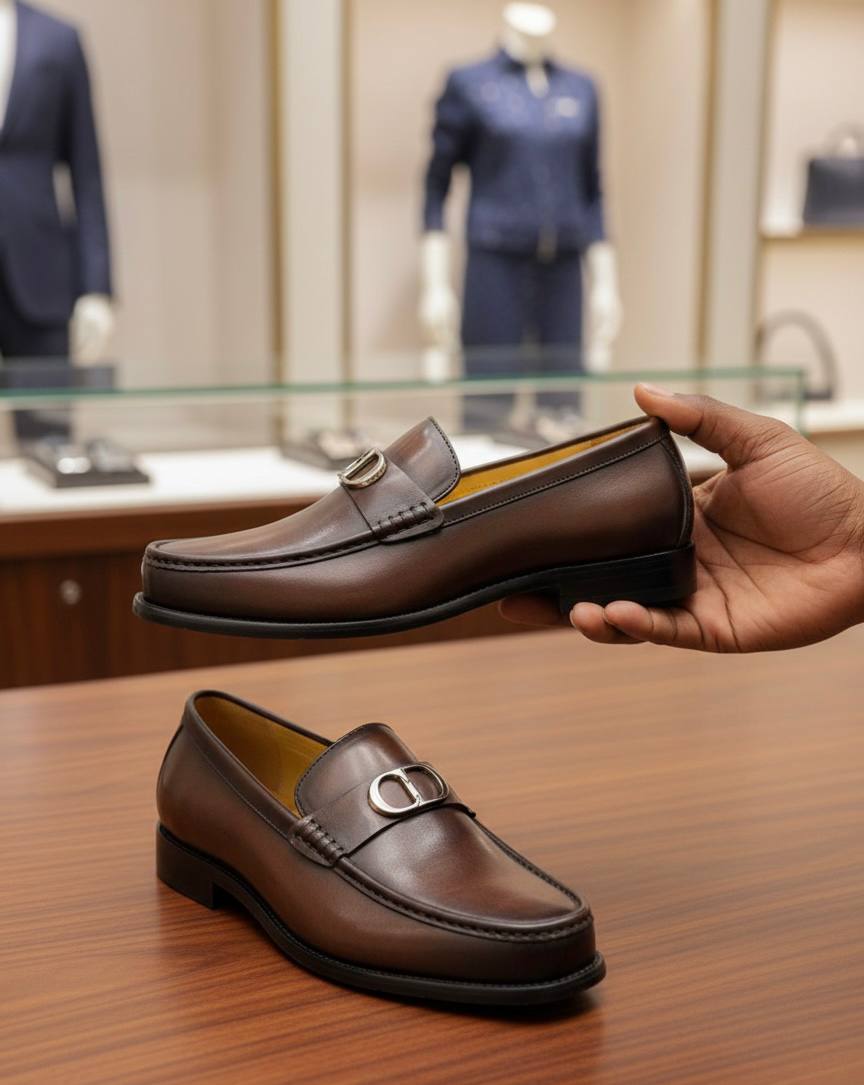 Side view of Men's Loafers in brown leather with CD Icon buckle