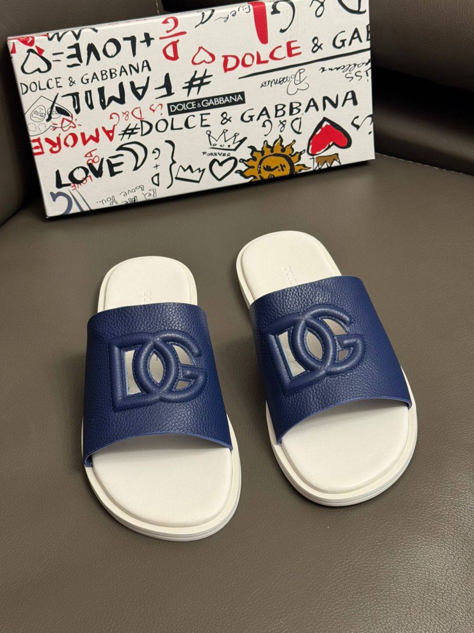 Men DG Leather Slippers (Navy Blue Pure Leather)