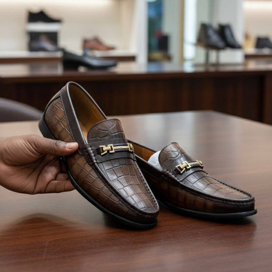 Men's Brown Crocodile Pattern Leather Loafer Shoes (E-V6)