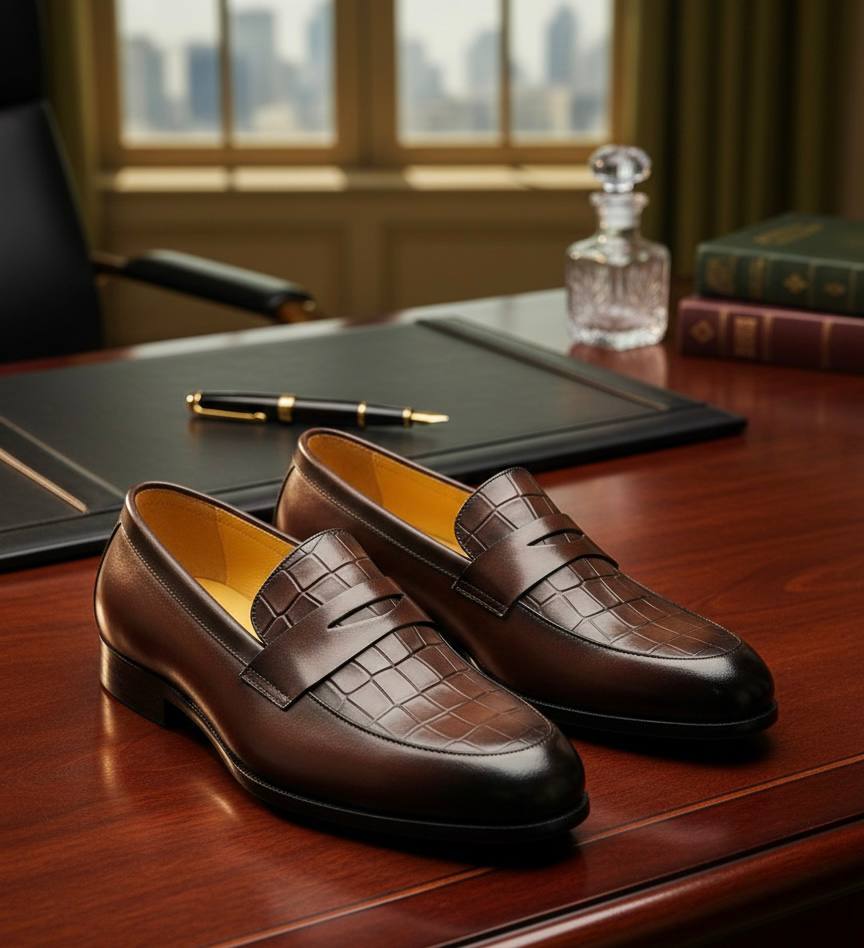 Men's dark brown crocodile embossed leather penny loafers with stacked heel and luxury finish.