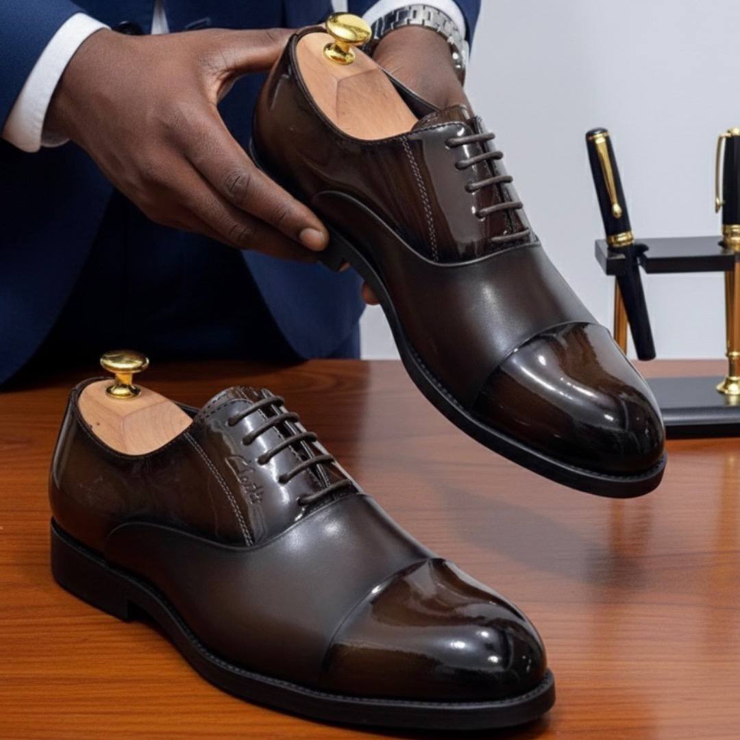 Men’s Coffee Leather Oxford Shoes Patent Toe Cap (RTM-1)
