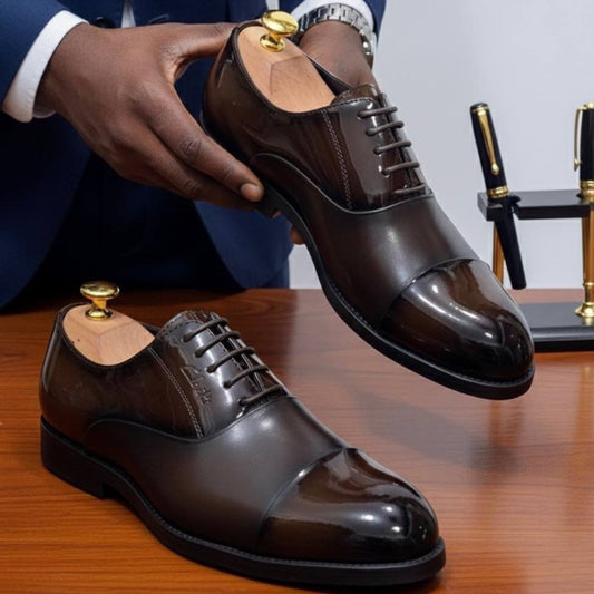 Men’s Coffee Leather Oxford Shoes Patent Toe Cap (RTM-1)