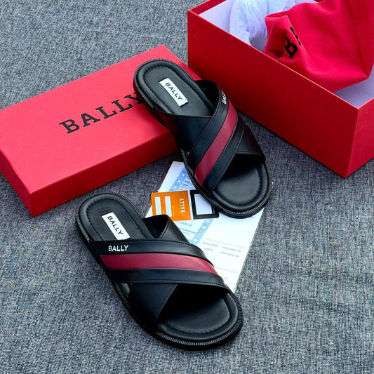Bally Men's Leather Crossover Slides (Black &Heritage Stripe)