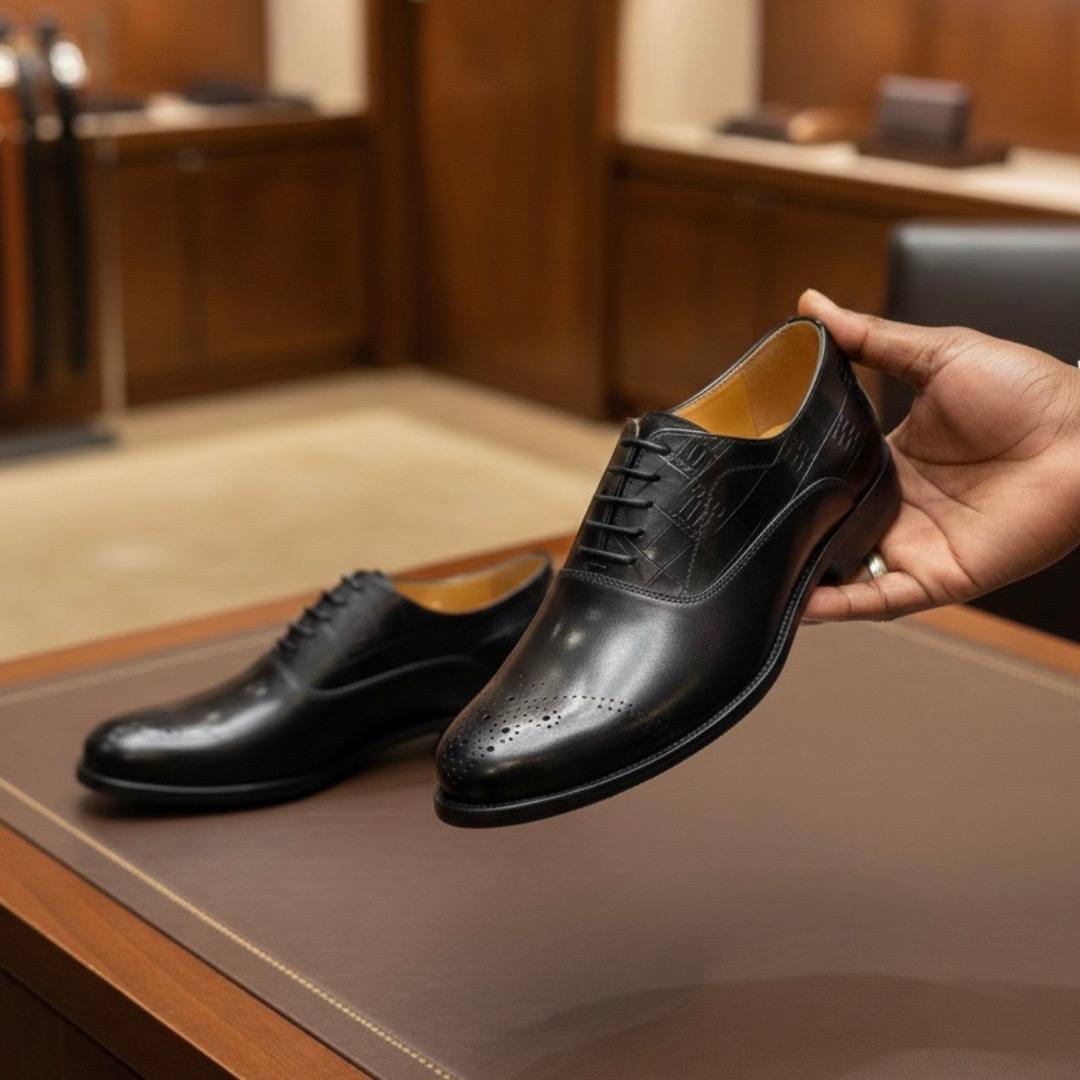Handcrafted Leather Brogued Tip Dress Shoes (Black ENGL-3)