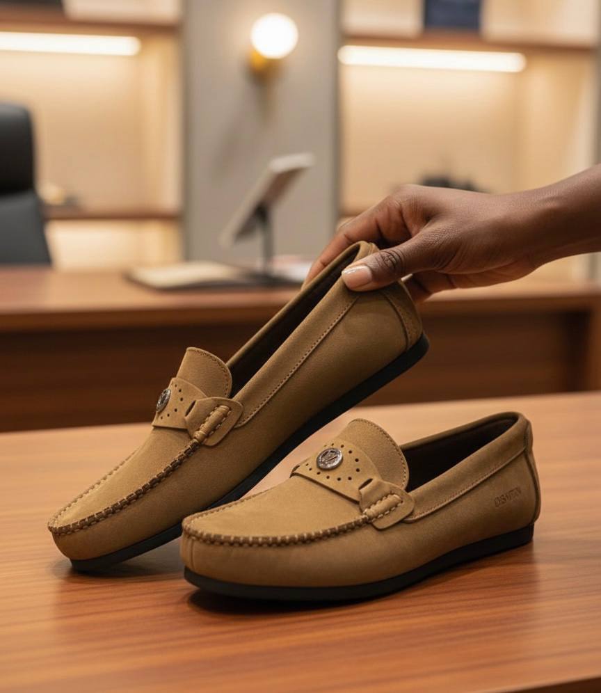 Men LV Emblem Beige Suede Loafers (Flat Sole)