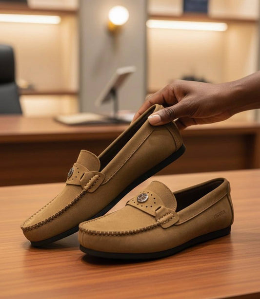 Men LV Emblem Beige Suede Loafers (Flat Sole)