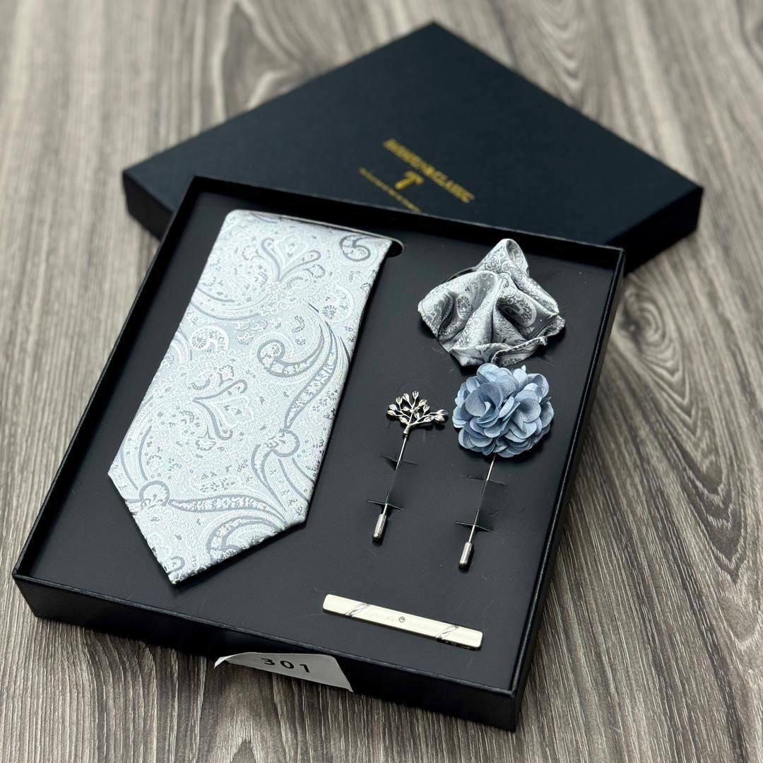 Paisley Silk Tie Men's Accessory Gift Set (Silver CA-1)