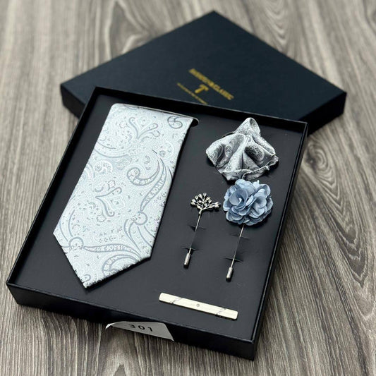 Paisley Silk Tie Men's Accessory Gift Set (Silver CA-1)