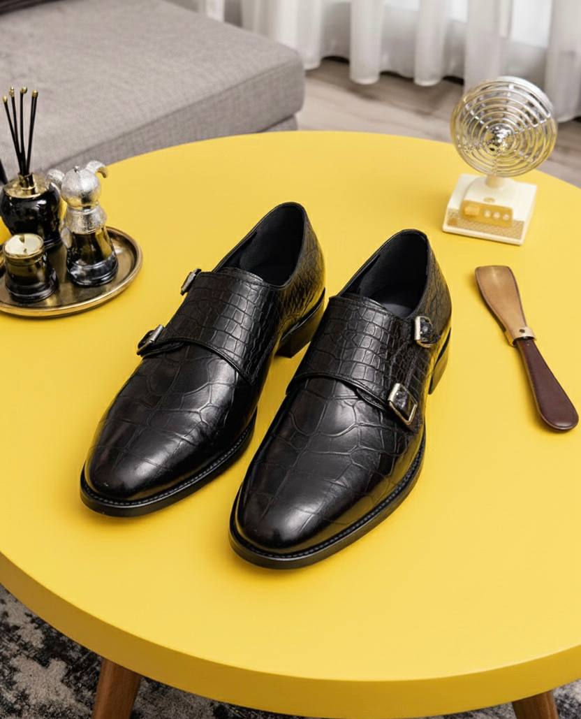 Men’s Croc Leather Double Monk Strap Shoes (Black E-V4)