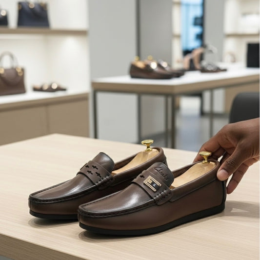 Men’s Classic Dark Brown Leather Loafers with Ornament (RTM-1)