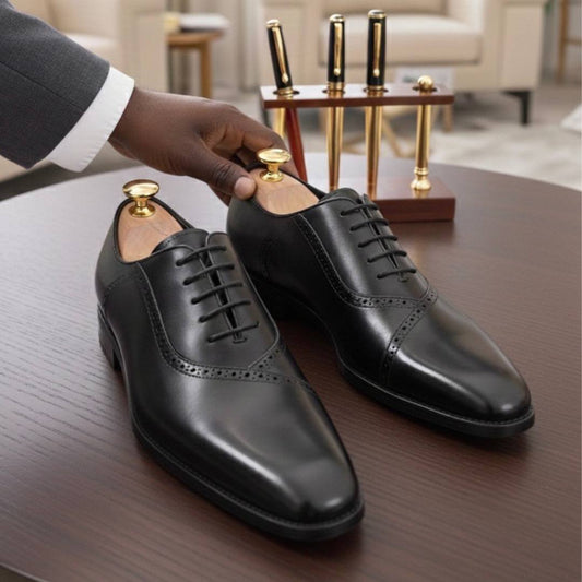 Men’s Black Leather Oxford Shoes – Classic Plain-Toe (RTM-1)