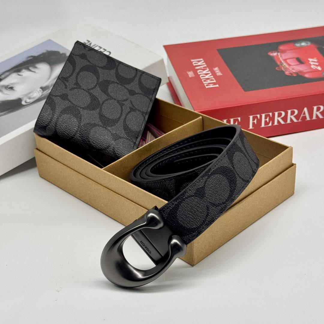 COACH Leather Belt x Wallet Combo (C-Logo Buckle)