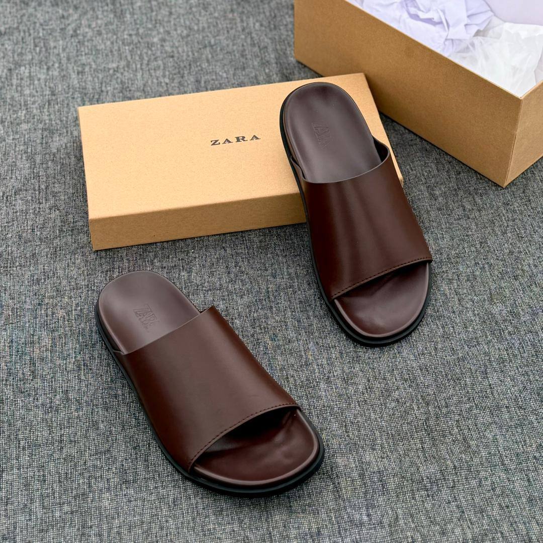 Zara Men’s Premium Leather Slide Sandals – Espresso Brown