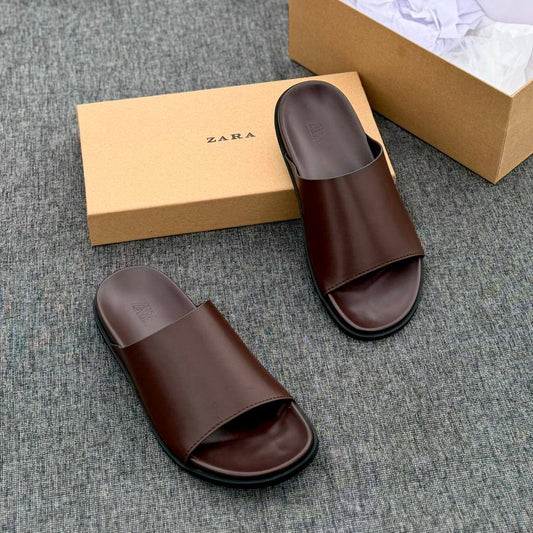 Zara Men’s Premium Leather Slide Sandals – Espresso Brown