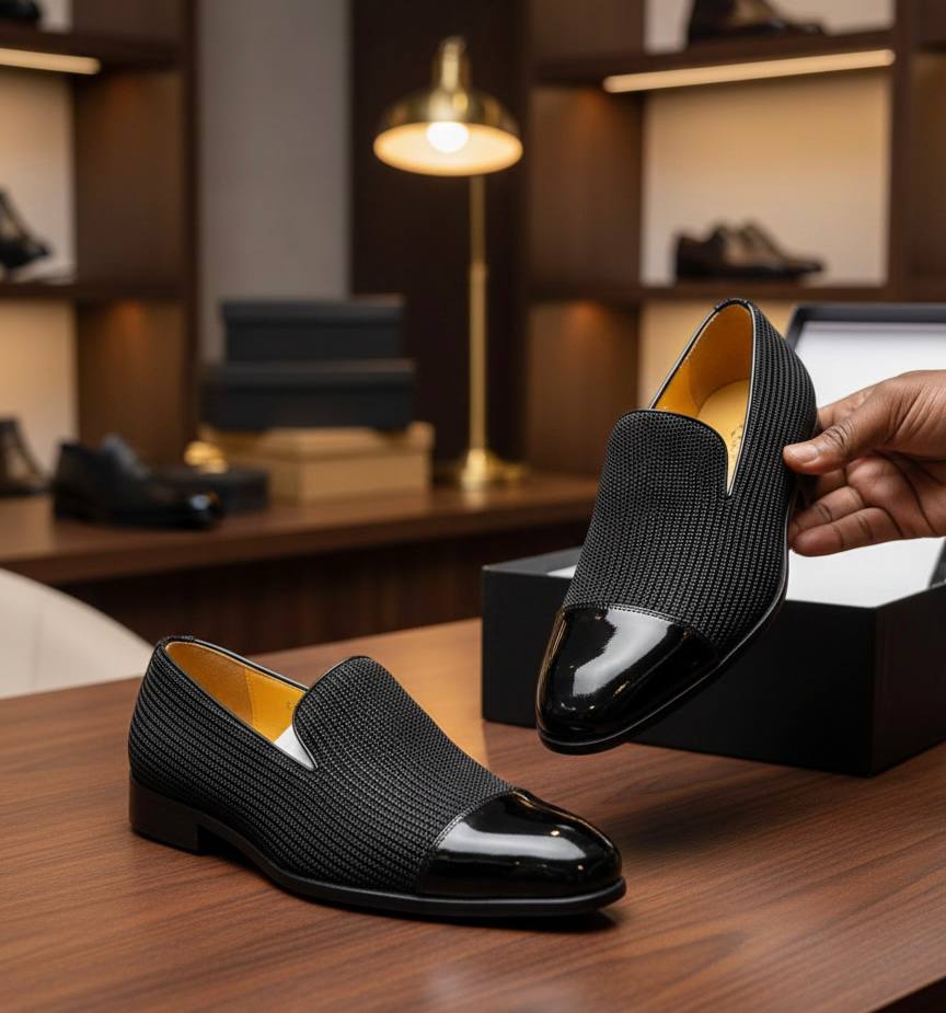 Men's black textured loafer shoes with patent leather cap toe