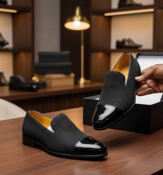 Men's black textured loafer shoes with patent leather cap toe