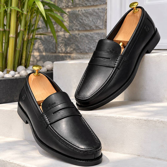 Premium Men's Black Leather Penny Loafers