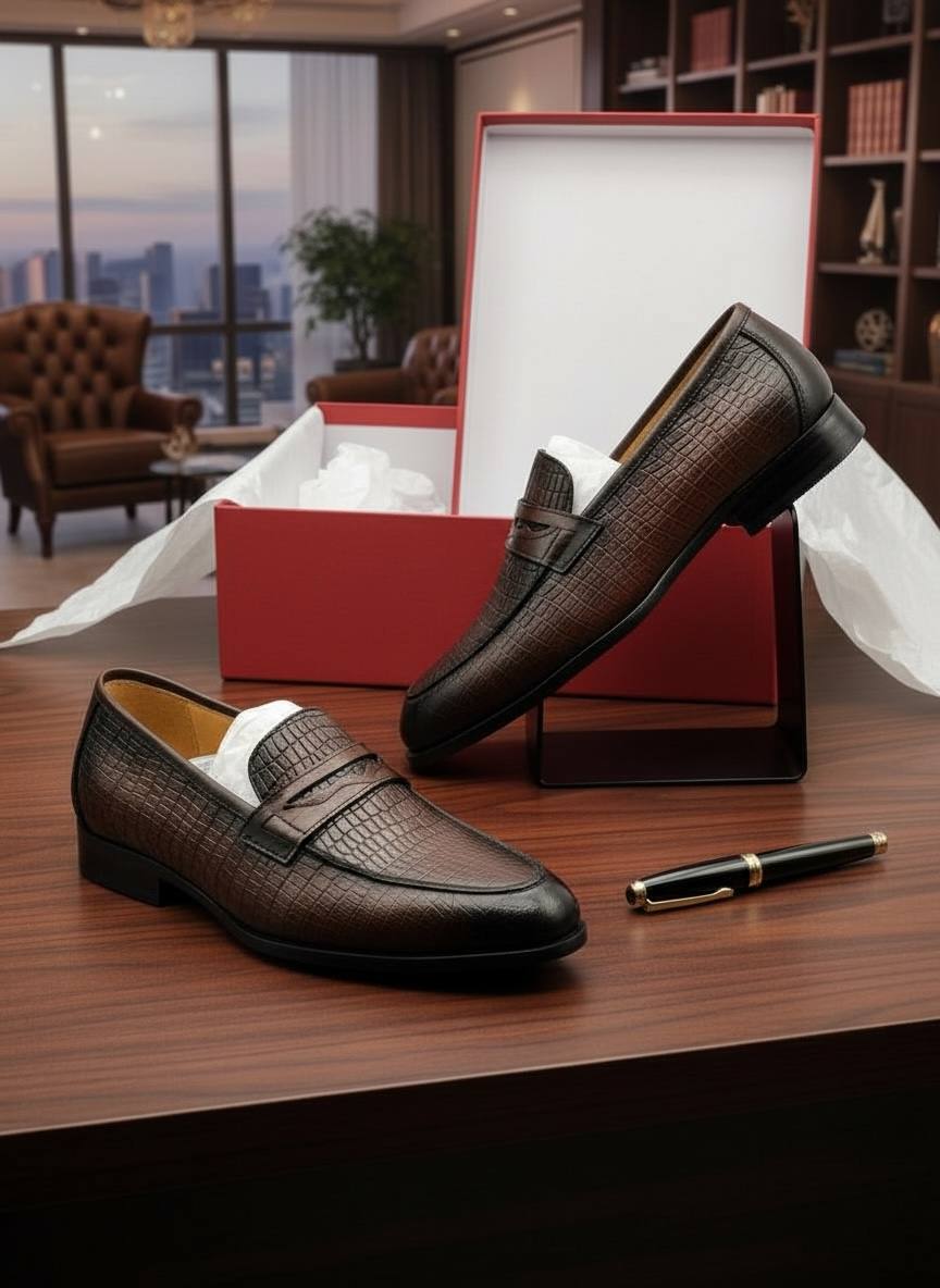 Executive Penny Loafers (Coffee Pattern Italian Leather E-1F)