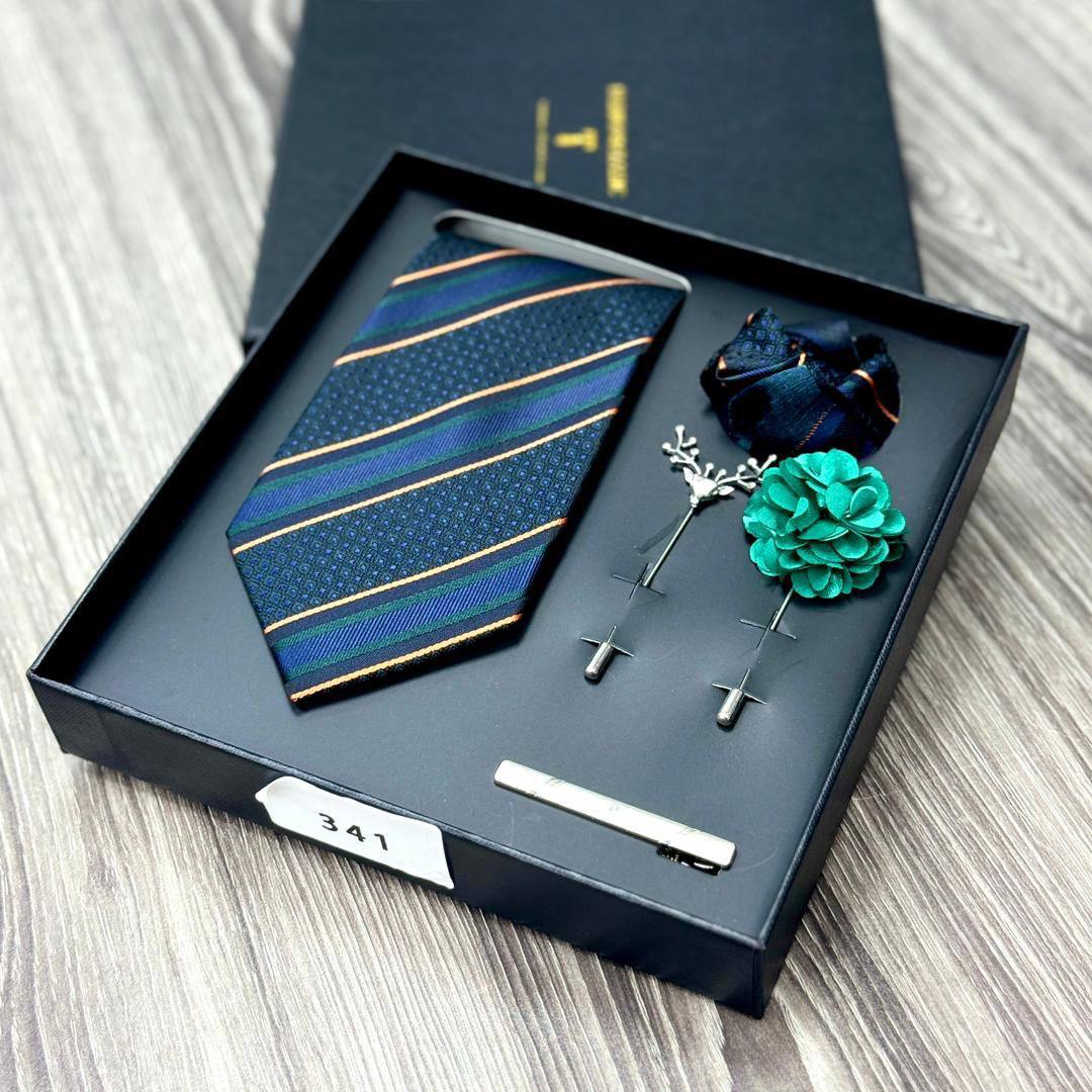 Premium Men’s Emerald-Navy Striped Tie Set (Formal Accessory CA-1)