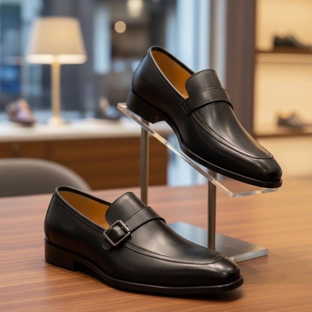 Handcrafted Men’s Single Monk Strap Shoes (Black E-V6)