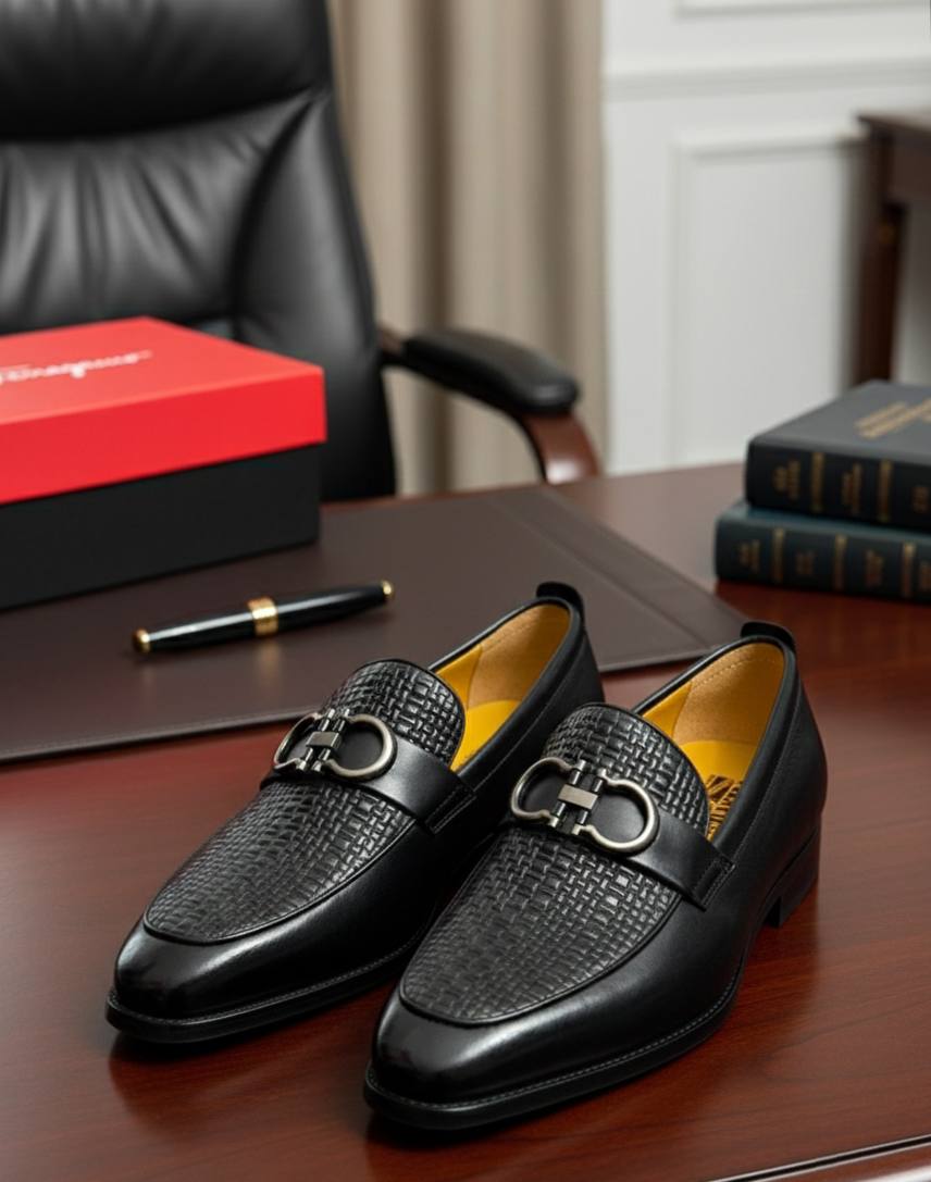 Men Feragamo Executive Penny Loafers (Black Stylish Pattern E-V2)