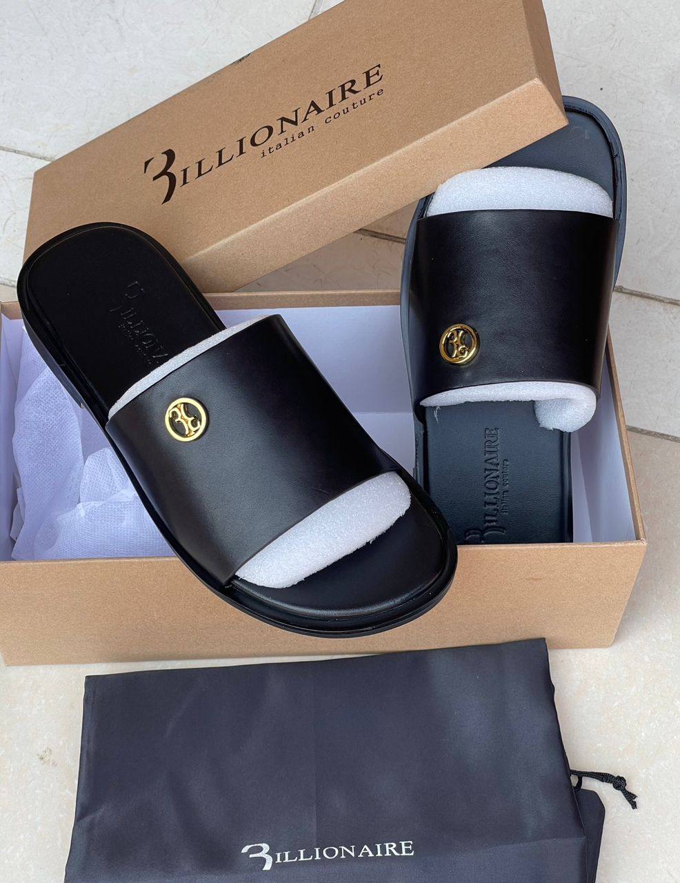 Men Triple Black Billionaire Leather Slippers