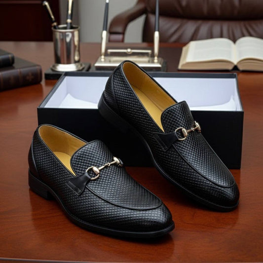 Men’s Black Hatch Grain Leather Loafer Shoes (E-V6)