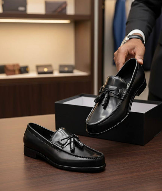 Men's brown leather tassel loafer shoes