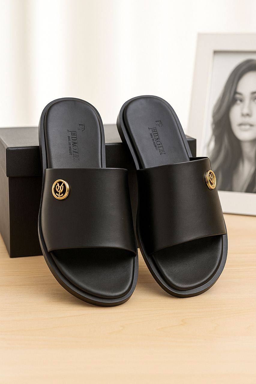 Men Triple Black Billionaire Leather Slippers