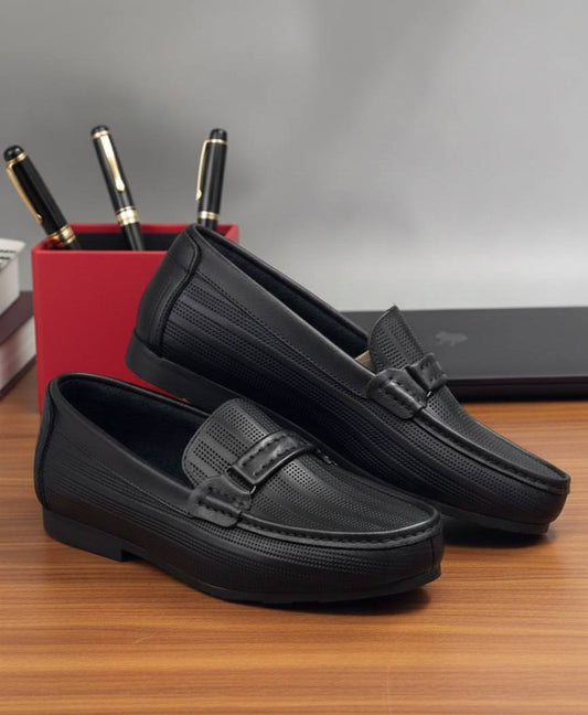 Men Polo Pure Leather Heeled Loafers (Linear Brouged Pattern)