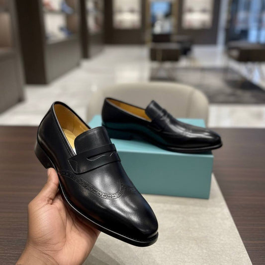Men’s Black Leather Wingtip Penny Loafers Dress Shoes (E-V6)