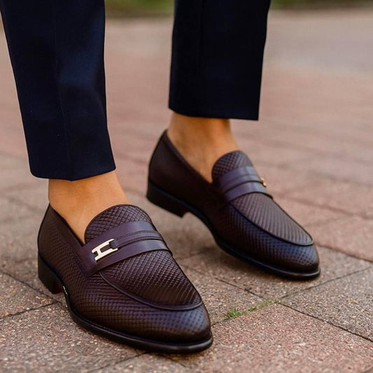 Men’s Premium Woven Leather Bit Loafer Shoes (Coffee E-V5)