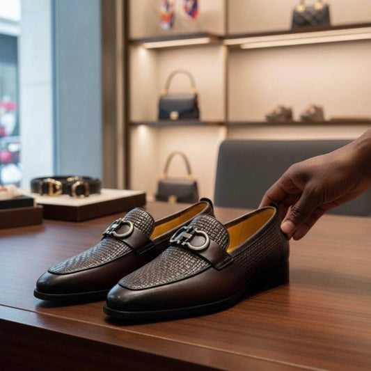 Men Feragamo Executive Penny Loafers (Coffee Stylish Pattern E-V2)