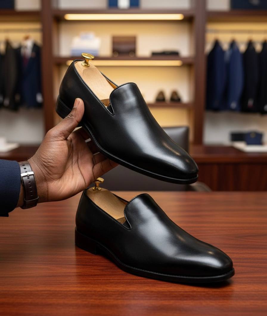 Men’s Black Leather Loafers - Seamless Formal Slip-On Shoes (RTM-2)