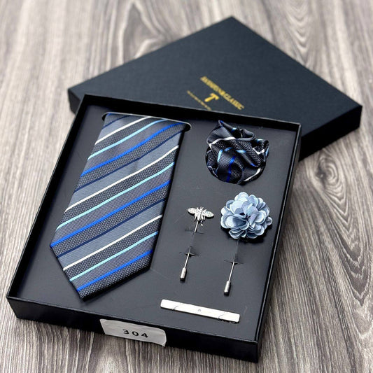 Premium Men’s Blue Grey Striped Gift Set (Formal Accessory Kit CA-1)