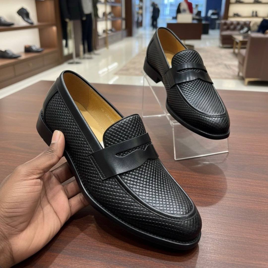 Men Italian Stylish Leather Penny Loafer Shoes (Black E-V1)