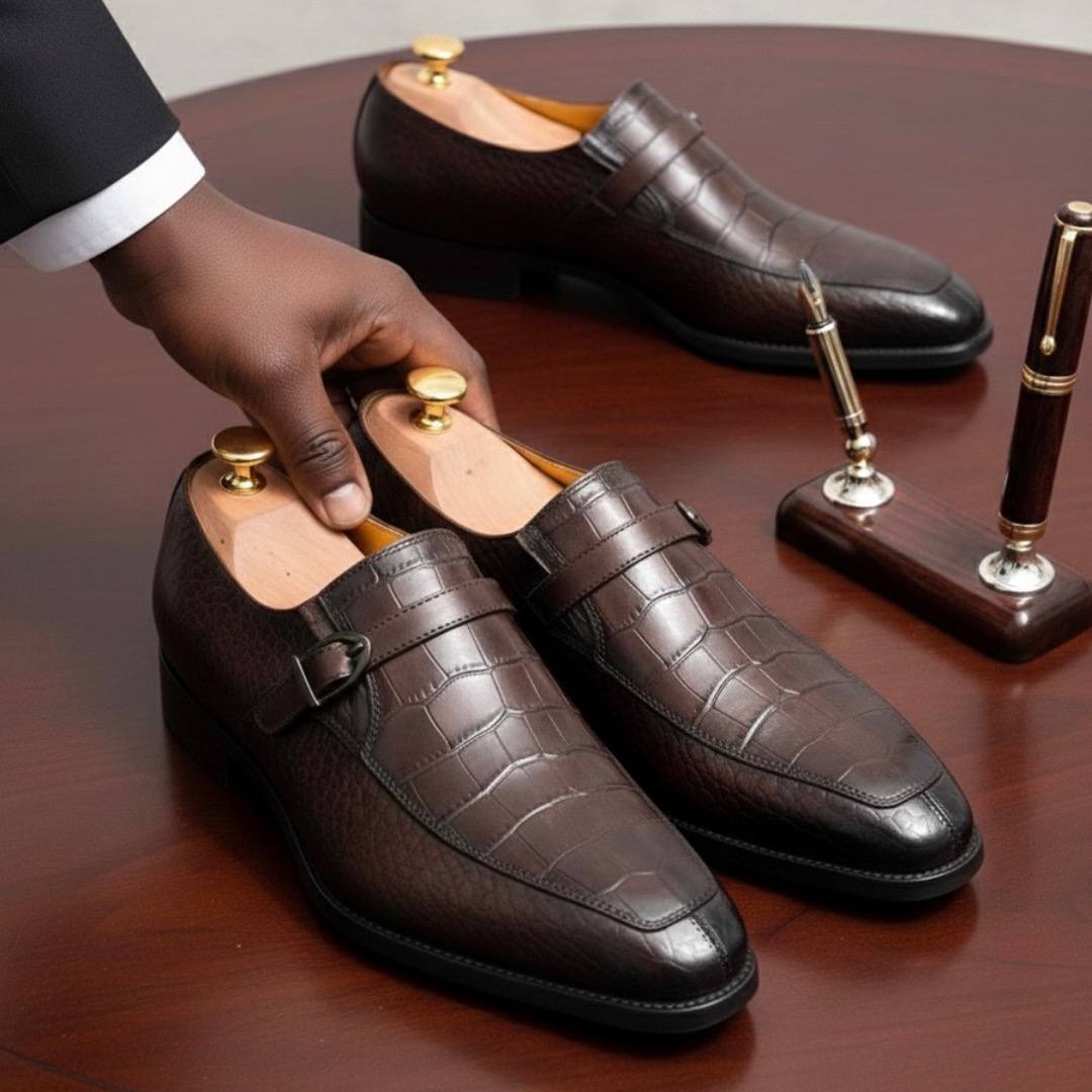 Men’s Coffee Crocodile-Embossed Double Monk Strap Shoes (RTM-1)
