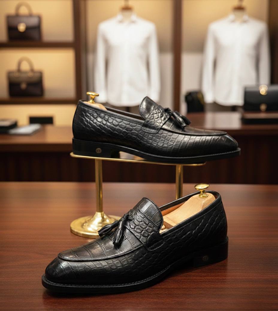 Black Crocodile-Embossed Tassel Exotic Leather Shoes (AC-HUB1)