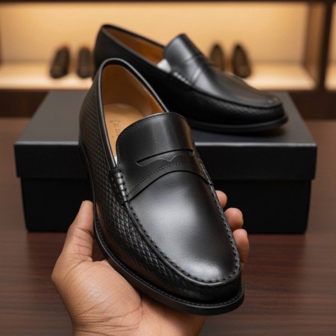 Sleek Side Pattern Italian Leather Penny Loafer Shoes (Black E-V1)