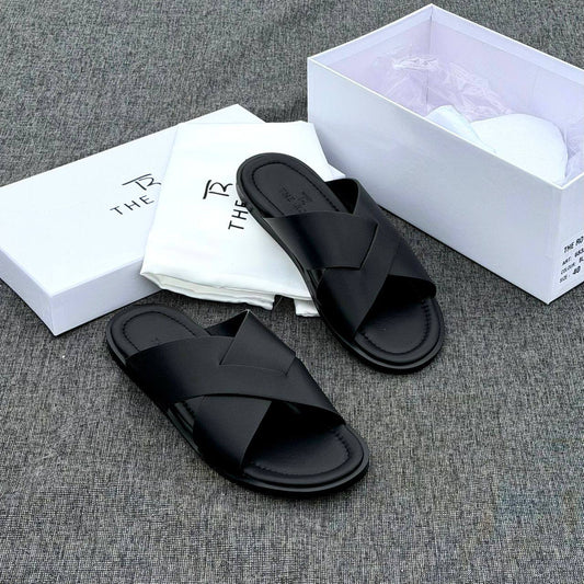 Premium Black Leather Cross Slippers