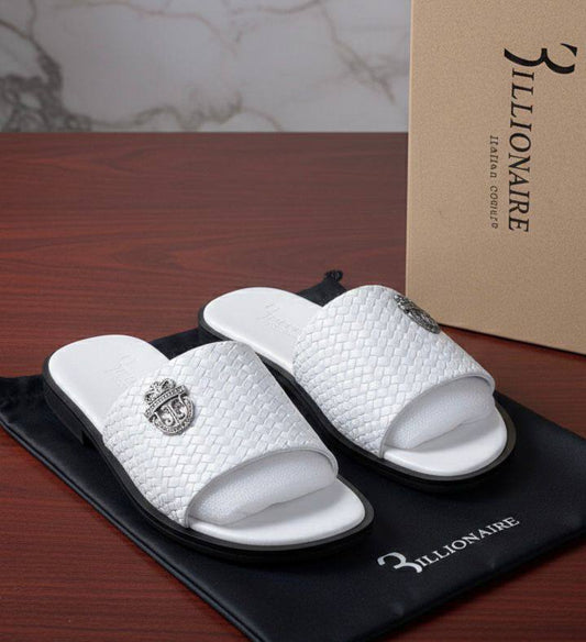 Men Triple White Billionaire Leather Slippers (Mesh Pattern)