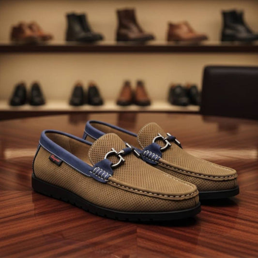 Men’s Perforated Suede Driver Loafers Sand & Slate Blue (CM-007)